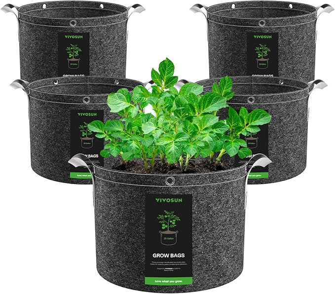 VIVOSUN 5-Pack 25 Gallon Grow Bags, 500G Thick Nonwoven Fabric Pots with Strap Handles, Multi-Purpose Rings, for Low Stress Plant Training Fruits, Vegetables, and Flowers
