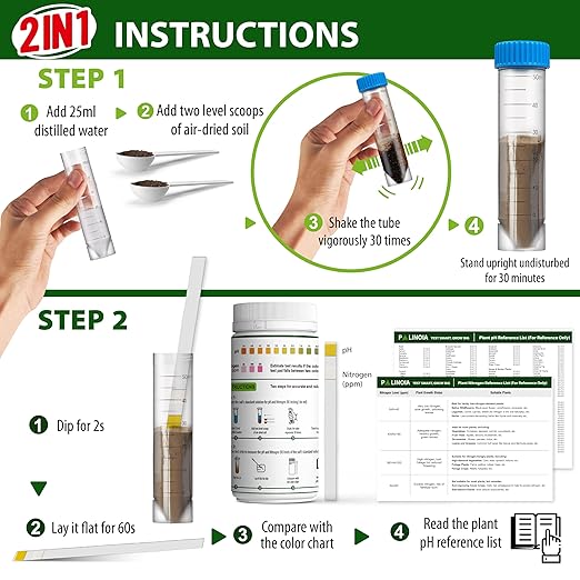 Soil Testing Kit 2-in-1 for pH & Nitrogen – 100 Pack in Resealable Pouches – Fast & Accurate Soil pH Tester for Garden, Lawn & Plants – Includes Spoon & Tube