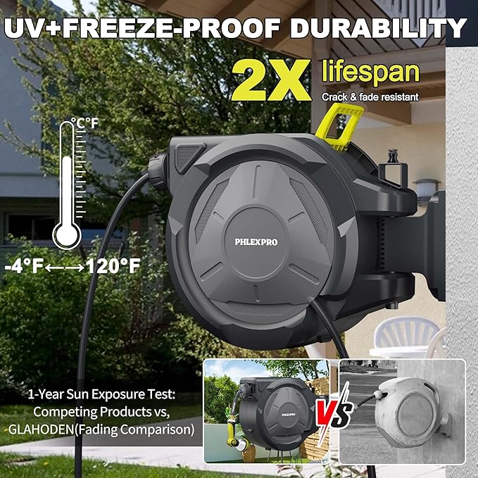 160 FT x 1/2" Retractable Garden Hose Reel - PHLEXPRO Heavy Duty Hose Reel Wall Mount - 3/4in Brass Fitting 10Pattern Nozzle, Any Length Lock, Automatic Slow Retraction 180° Swivel, UV Resistant