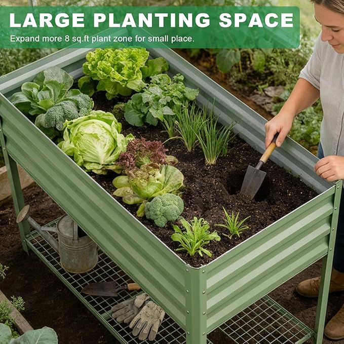 Elevated Raised Garden Bed with Legs, 48x24x32in Galvanized Planter Box Outdoor with Storage Rack & Drainage Holes, Large Metal Raised Beds for Gardening, Backyard, Patio, Balcony, Olive Green