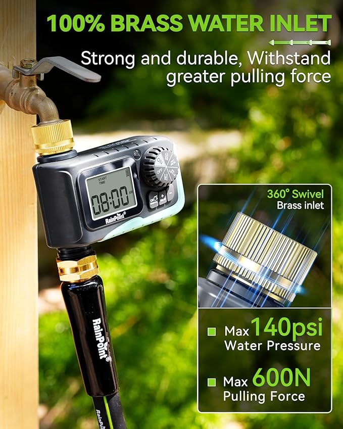 RAINPOINT Sprinkler Timer with Brass Swivel, Programmable Water Timer for Garden Hose with Rain Delay/Manual Watering, Digital Irrigation System Kit for Lawns, 1 Outlet