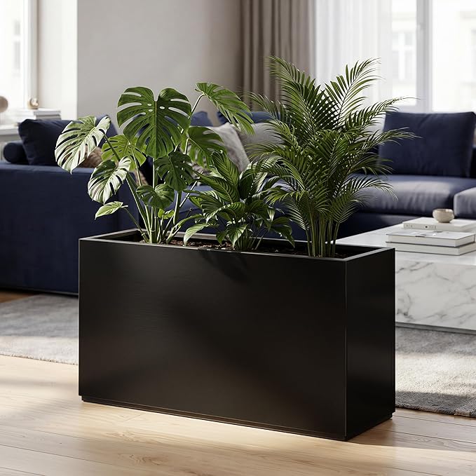 32" L x 10" W x 16" H Metal Rectangular Planters, Long Outdoor Planter Box, Black Rectangle Planter for Front Porch, Garden, with Drainage Holes, All Weather Use (No Insert Shelf)