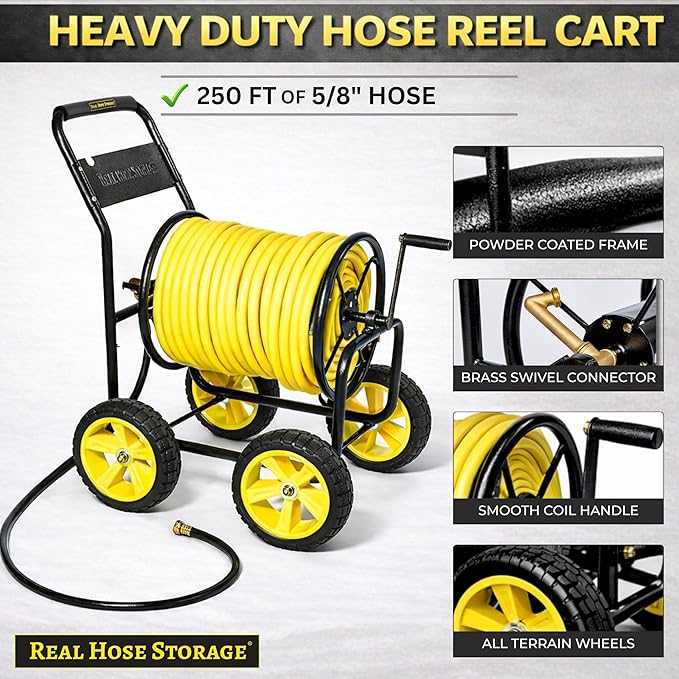 Garden Hose Reel Cart, Heavy Duty Hose Reel with Wheels, Outdoor Water Hose Reel for Backyard, Garden, or Lawn, Metal Hose Carts (250ft Hose Capacity)