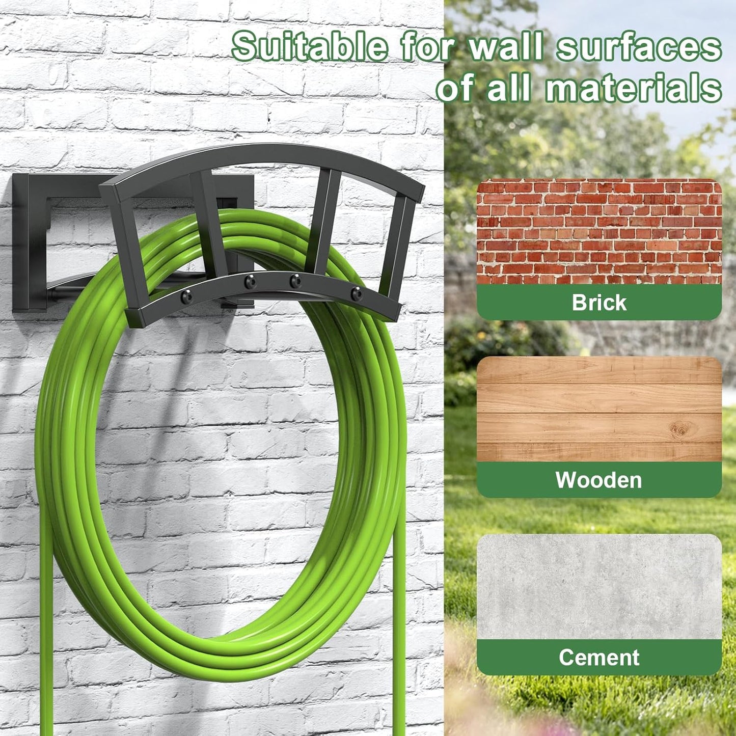 Garden Hose Holder Wall Mounted, Outdoor Heavy Duty Metal Water Hose Holder Hanger Holds 125-ft Water Pipe, Sturdy Detachable Hose Storage Organizer Reel Rack for Outside Garden Lawn Yard Farm