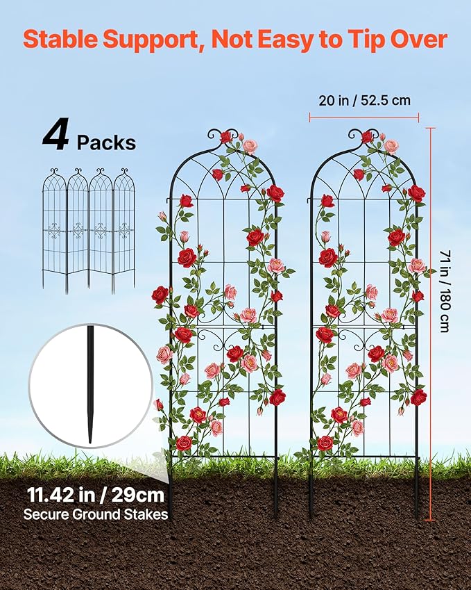 VEVOR Garden Trellis, 71 x 20 inch Rose Trellis, 4 Packs Garden Flower Rose Trellises with Powder-Coated Finish & Convenient Locking Design, Plant Support Trellises for Flowers, Vegetables, Roses