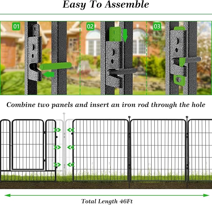 Garden Fence with Gate Metal Fencing for Yard, 32in x 46ft 20 Panels No Dig Fence Panels Temporary Dog Fence Rustproof Garden Fencing Flower Bed Edging for Patio