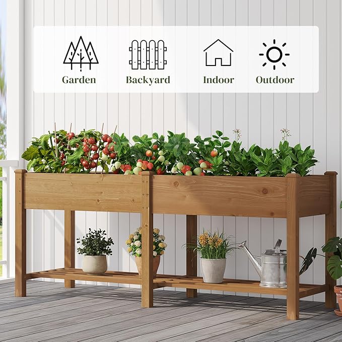 Wooden Raised Garden Bed, Planter Box with Legs, Garden Planter with Divider Bag for Backyard, Patio, Balcony, Planter Stand Box for Herbs and Vegetables (Brown-L)