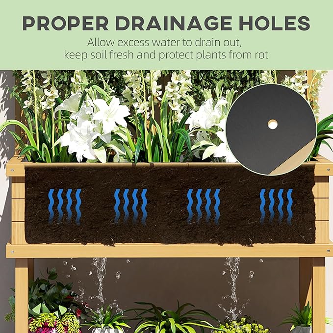 Outsunny Raised Garden Bed with Trellis for Climbing Plants, Vegetable, Grape Vines, Elevated Planter Box with Legs, Drainage Holes and Filter for Outdoor Garden, Patio, Natural Wood
