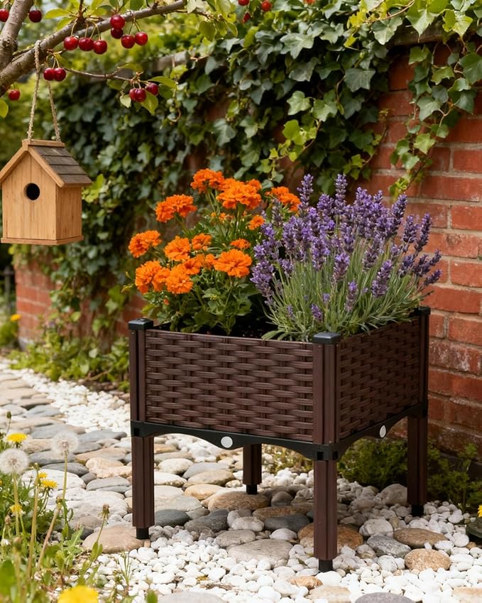 zeng Elevated Raised Garden Bed Planter with Drainage Holes – Reinforced PP Material, 15.7”x15.7”x15” for Vegetables, Flowers, Herbs – Patio, Deck, Balcony (1 Set)