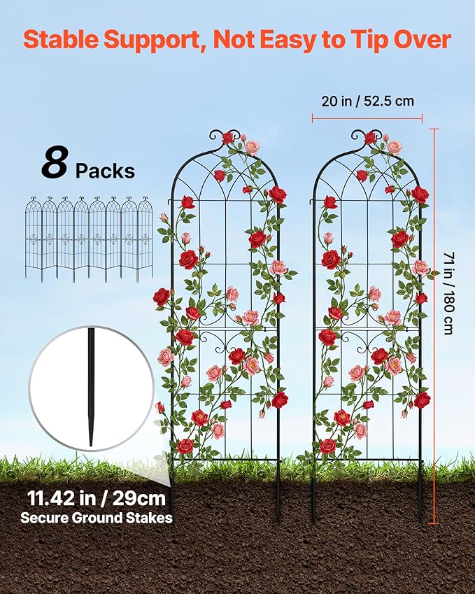 VEVOR Garden Trellis, 71 x 20 inch Rose Trellis, 8 Packs Garden Flower Rose Trellises with Powder-Coated Finish & Convenient Locking Design, Plant Support Trellises for Flowers, Vegetables, Roses