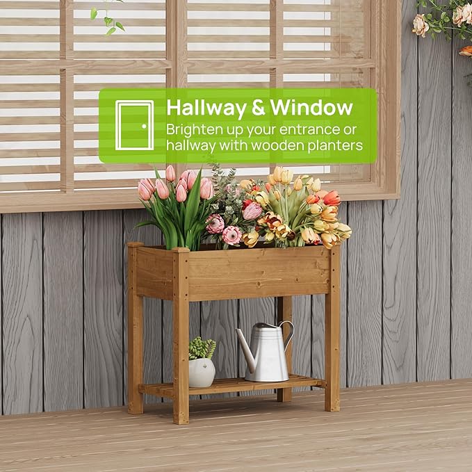 Raised Garden Bed with Legs, Wooden Raised Garden Bed with Storage Shelf, 34x18x30.7in, Elevated Wood Planter Box for Vegetables Flowers Herbs, Garden Planter for Backyard Patio Balcony (Brown, S)