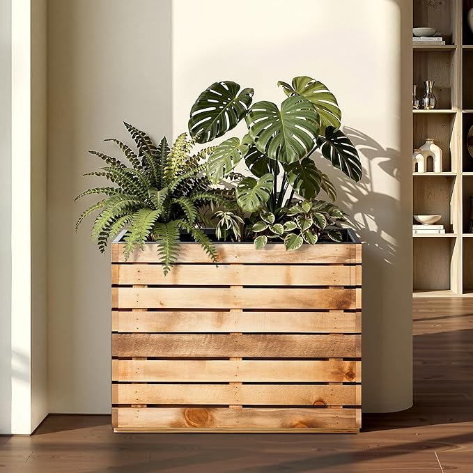 Metal Rectangular Planter Box with Drainage Holes, Tall & Large Rectangle Planter for Outdoor Plants, Flowers, Trees (30" L x 12" W x 24" H, Walnut Wood Grain)
