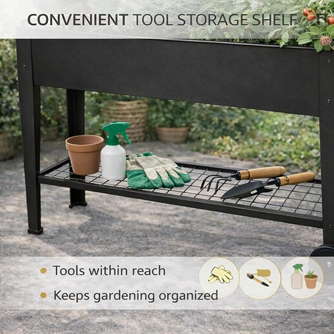 InSideOut Elevated 40" Raised Garden Bed Outdoor with Wheels & Shelf for Mobility, Metal Planter Box for Vegetables/Herbs, Patio-Balcony-Backyard (Charcoal)