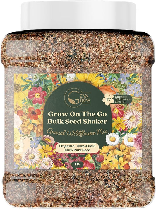 Wildflower Seed Shaker – Annual Mix by GevaGrow | 17 Variety Flower Seeds for Planting in Pots & Outdoor Gardens, Bulk 300,000+ Seeds - 1 Pound Tub
