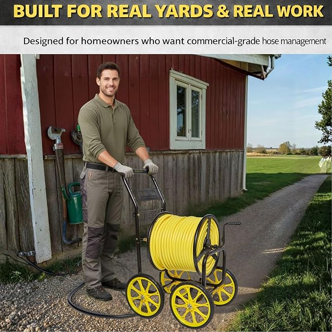 Garden Hose Reel Cart, Heavy Duty Hose Reel with Wheels, Outdoor Water Hose Reel for Backyard, Garden, or Lawn, Metal Hose Carts (400ft Hose Carriage)