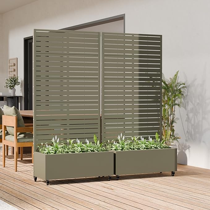 Casaphoria Metal Raised Garden Bed with Trellis and Wheels, 72"x35"x16" Planter Box for Climbing Plants, Vegetables & Vines, Features Drainage Holes and Privacy Screen, Green-Louvered