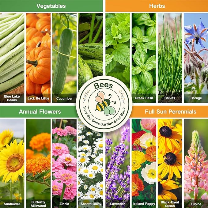 Lush&Dew Save Bees Garden Seed Bank, Gardening Gift for Women Men,16 Varieties Non-GMO Heirloom Pollinator-Friendly Vegetable Flower Seeds Kit, Planting in Raised Beds Outdoors, Milkweed Poppy Lupine