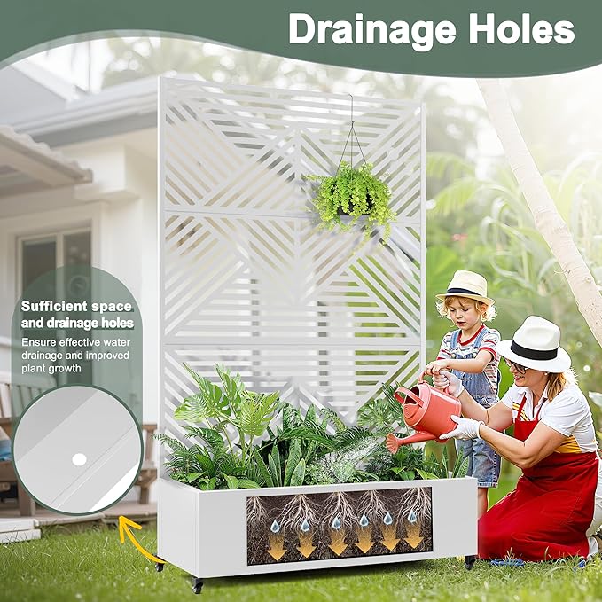 Standing Metal Planter Box with Trellis and Wheels for Climbing Plants, Raised Garden Beds with Drainage Holes, 47" L×16" W×71" H Privacy Boxes with Trellis (White Zodiac)
