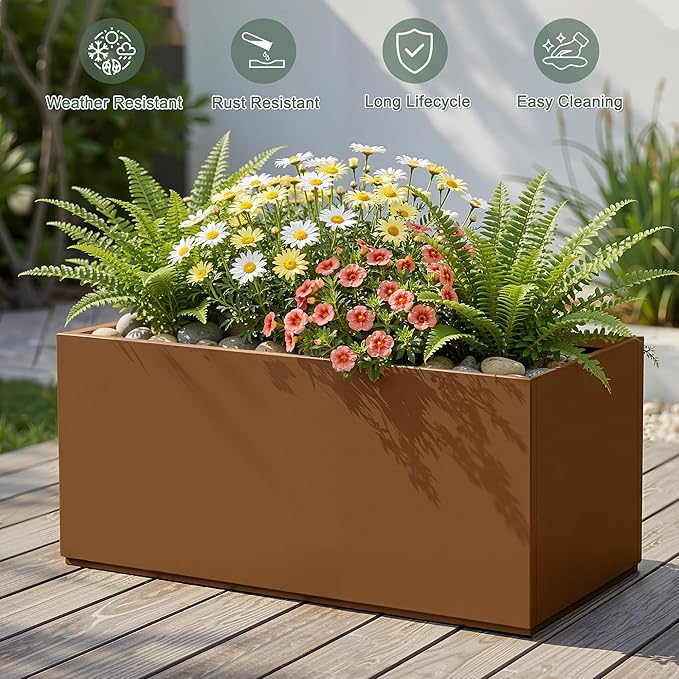 Metal Outdoor Planter Box, Rectangular Large Planters for Outdoor Plants with Drainage Holes for Patio, All-Weather Use, Rust-Resistance (38" L x 15" W x 16" H, Brown)