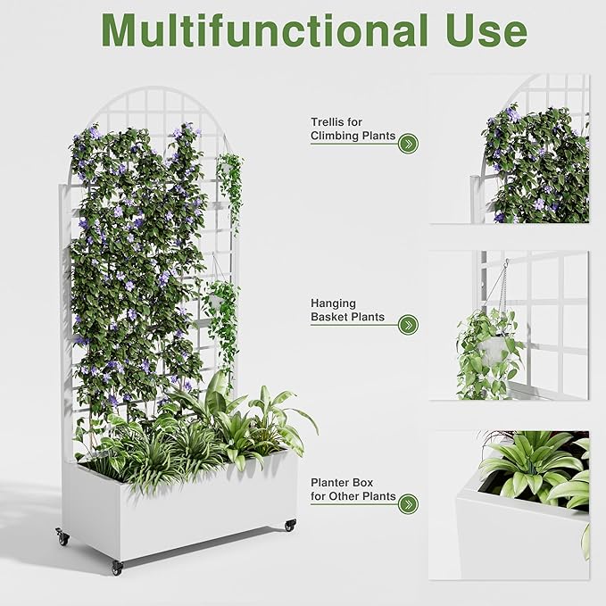Casaphoria Metal Raised Garden Bed with Trellis and Wheels, 72"x35"x16" Arched Planter Box for Climbing Plants, Vegetables & Vines, Features Drainage Holes and Privacy Screen, White-Grid