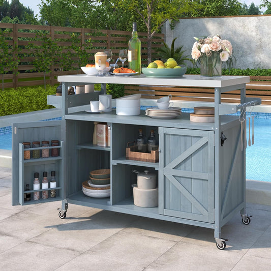 Outdoor Grill Carts for Patio Graden BBQ with Storage Cabinet, Home Rolling Kitchen Island Bar Cart with Stainless Steel Top, Food Prep Table with Shelves, Spice Rack & Towel Holder (Grey Blue)