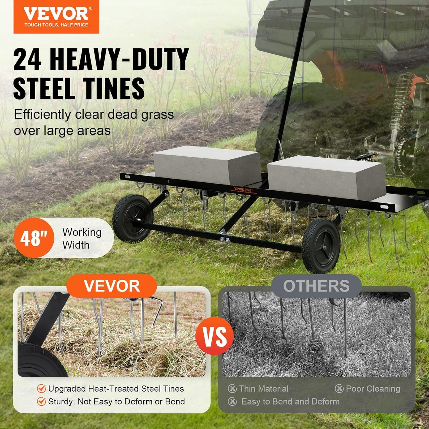 VEVOR Tow Behind Dethatcher, 48-inch Tow Dethatcher with 24 Spring Steel Tines, Lawn Dethatcher Rake for ATV or Mower, Tow Behind Lawn Rake with Lift Handle for Garden Farm Grass