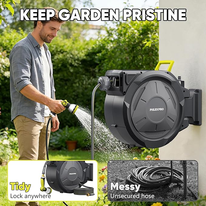 110 FT x 1/2" Retractable Garden Hose Reel, Heavy Duty Automatic Hose Reel Wall Mount - 3/4in Brass Fitting 10 Pattern Nozzle, Any Length Lock Slow Retraction 180° Swivel, Upgraded UV Resistant