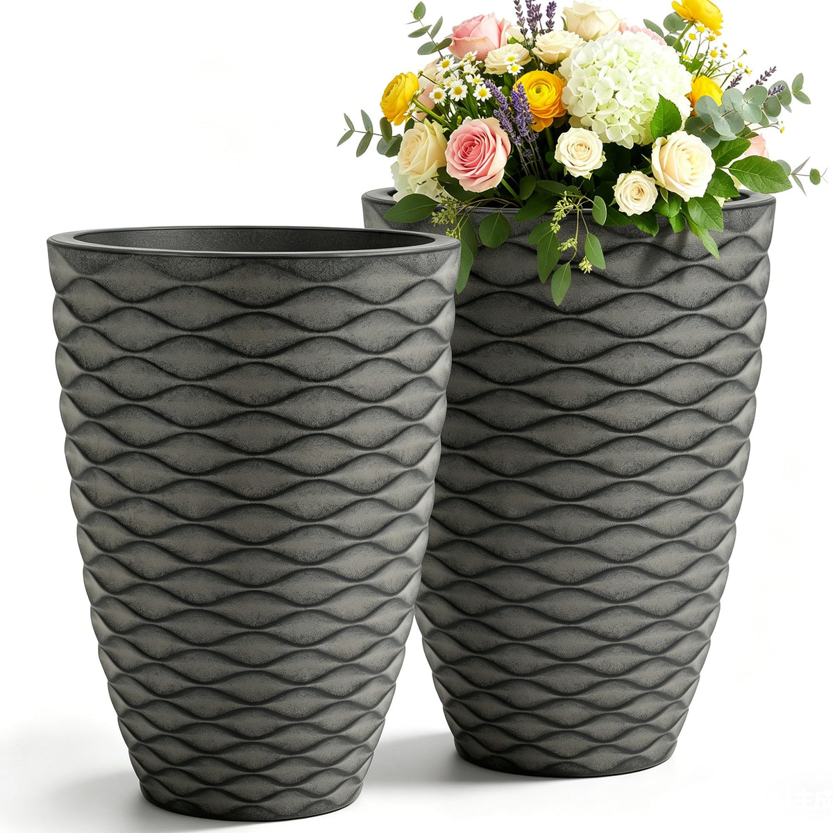 2 Pack 19" Rustic Black Resin Tall Planters with Wave Texture (19"h-rustic Black Wavy)