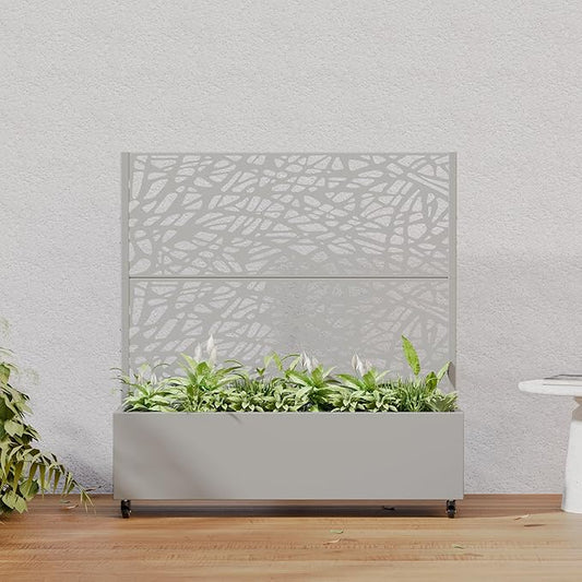 Casaphoria Metal Raised Garden Bed with Trellis and Wheels, 47"x47"x16" Planter Box for Climbing Plants, Vegetables & Vines, Features Drainage Holes and Privacy Screen, Grey-Net