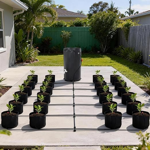 Auto Drip Irrigation System Kits, with 26 Gallon Bucket, 25W Water Pump, 24 Drip Emitters, 24 Planting Bags for Indoor and Outdoor Automatic Watering System for Grow Tent, Greenhouse, Lawn