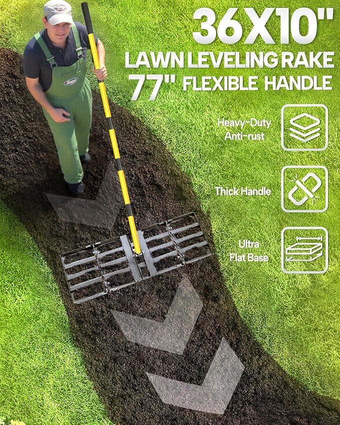 Joyhalo Lawn Leveling Rake, 36 Inch Yard Lawn Leveling for Soil with 78" Adjustable Steel Handle, Heavy Duty Effort Saving Landscape Lawn Leveler for Yard Garden Golf Course Soil Sand Dirt Grass