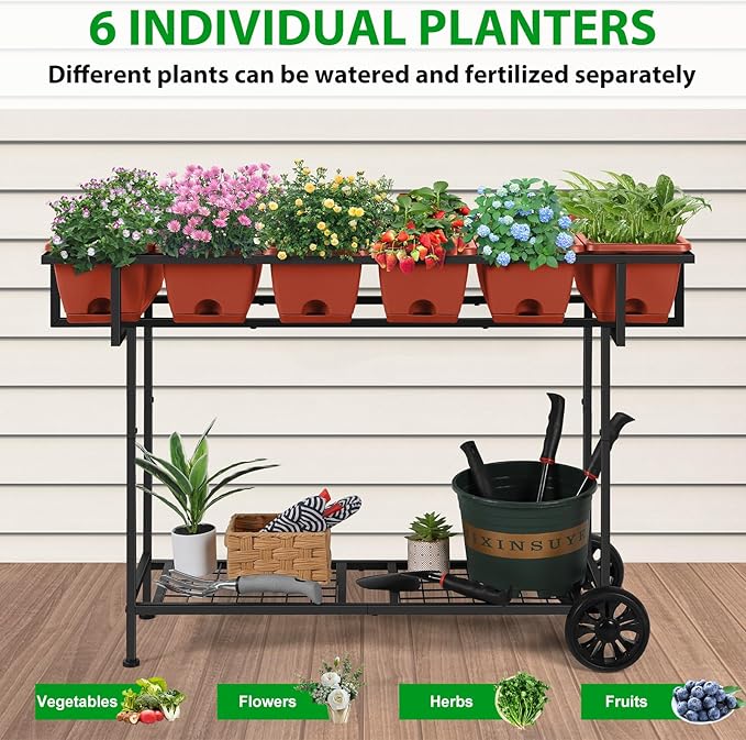 Vrisa Elevated Raised Garden Bed Outdoor with Legs 43x17x29 in Plastic Standing Planter Box with Storage Shelf and Wheels Vegetables Herbs Flowers Gardening Boxes for Backyard, Patio, Balcony, Black
