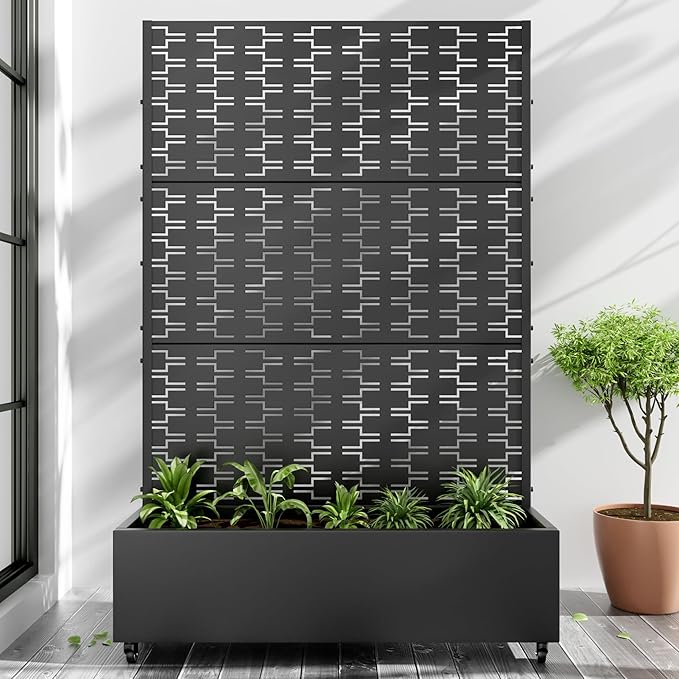 Casaphoria Metal Raised Garden Bed with Trellis and Wheels, 47"x47"x16" Planter Box for Climbing Plants, Vegetables & Vines, Features Drainage Holes and Privacy Screen, Black-Square