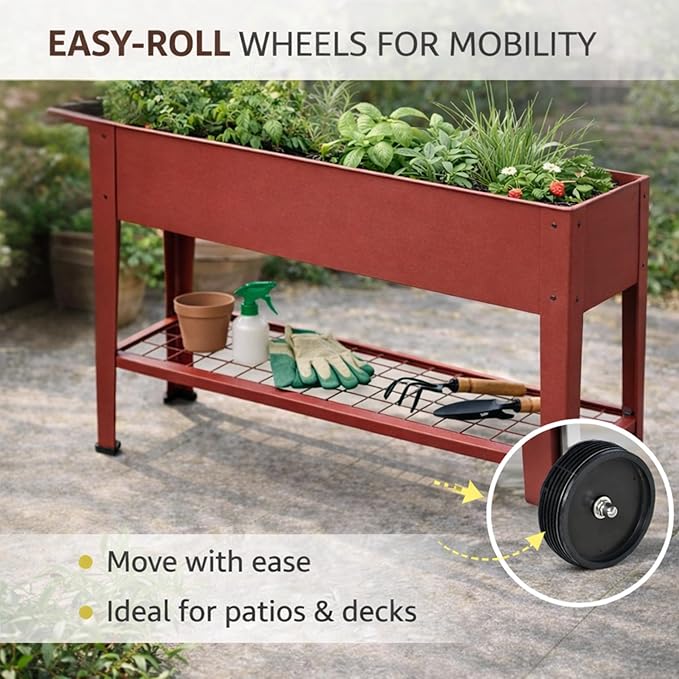 InSideOut Elevated 40" Raised Garden Bed Outdoor with Wheels & Shelf for Mobility, Metal Planter Box for Vegetables/Herbs, Patio-Balcony-Backyard (Red)