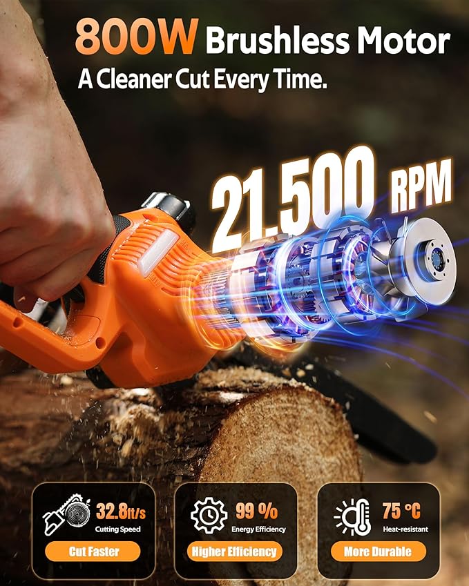 VOTREK® 8 inch Mini Chainsaw Cordless with 2x3.0AH Batteries - Powerful Brushless Electric Handheld Small Chain Saw for Wood Cutting, Tree Trimming & Branch Cutting, Auto Oiler & Tool-Free Tensioner