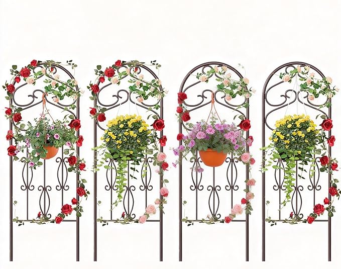 AMAGABELI GARDEN & HOME 4 Pack Large Garden Trellis for Climbing Plants Outdoor 60” x 18” Iron Plant Trellis for Potted Plant Support Tall Wall Metal Trellis Rose Vine Cucumber Brown