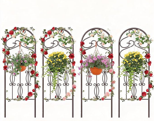 AMAGABELI GARDEN & HOME 4 Pack Large Garden Trellis for Climbing Plants Outdoor 60” x 18” Iron Plant Trellis for Potted Plant Support Tall Wall Metal Trellis Rose Vine Cucumber Brown