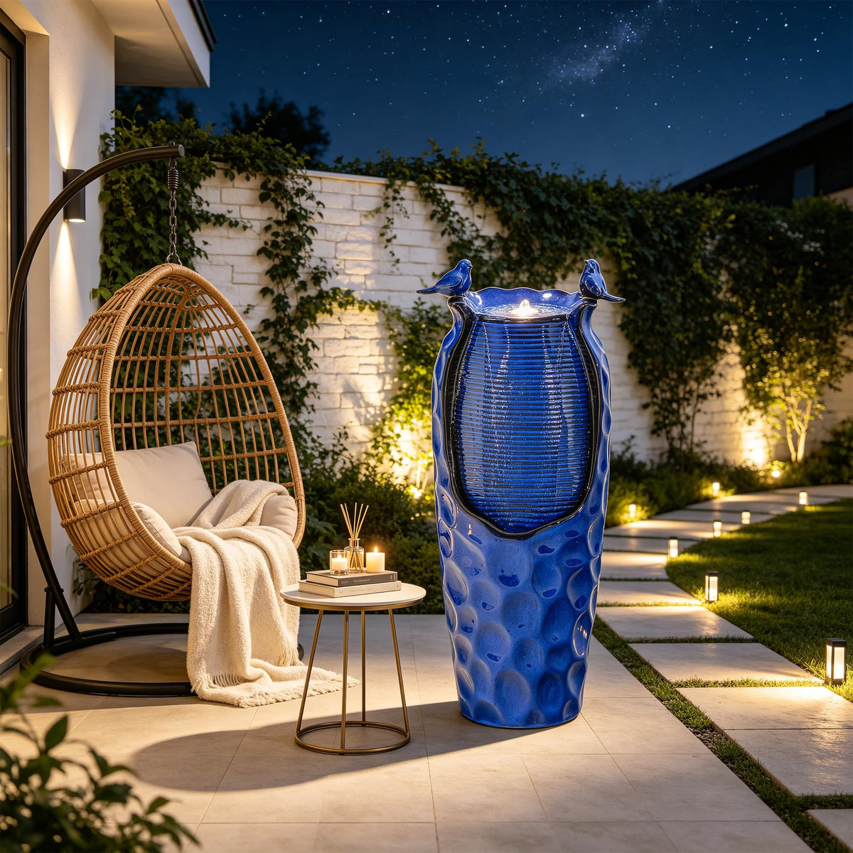 Autodaya 33" Vase Ceramic Outdoor Water Fountain with Lights and Birds (33"h-hammered Cobalt Blue)