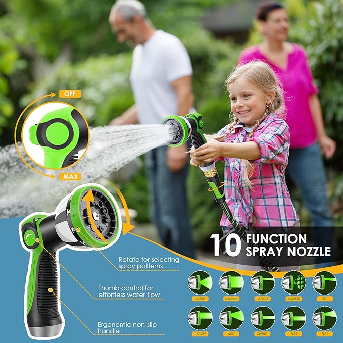 Non-Expandable Garden Hose 25 FT, Lightweight Hose with 10 Function Spray Nozzle, Kink-Free Flexible Water Hose, Durable, Leak-Proof, 360° Swivel Connectors, Portable Storage Strap