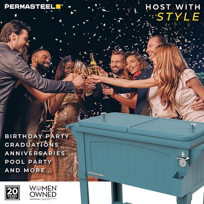 Permasteel Party Cooler with Divider, Spacious 80-Qt Capacity, Chills 36hrs, Serving Tray, Rolling Ice Chest for Indoor and Outdoor Entertainment, Matte Teal