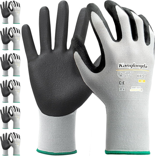 6-Paris Large Work Gloves for Men and Women, Nitrile Coated Safety Protective Gloves with Grip, Ideal for Gardening, Warehouse, Mechanic, Light Duty Construction Work