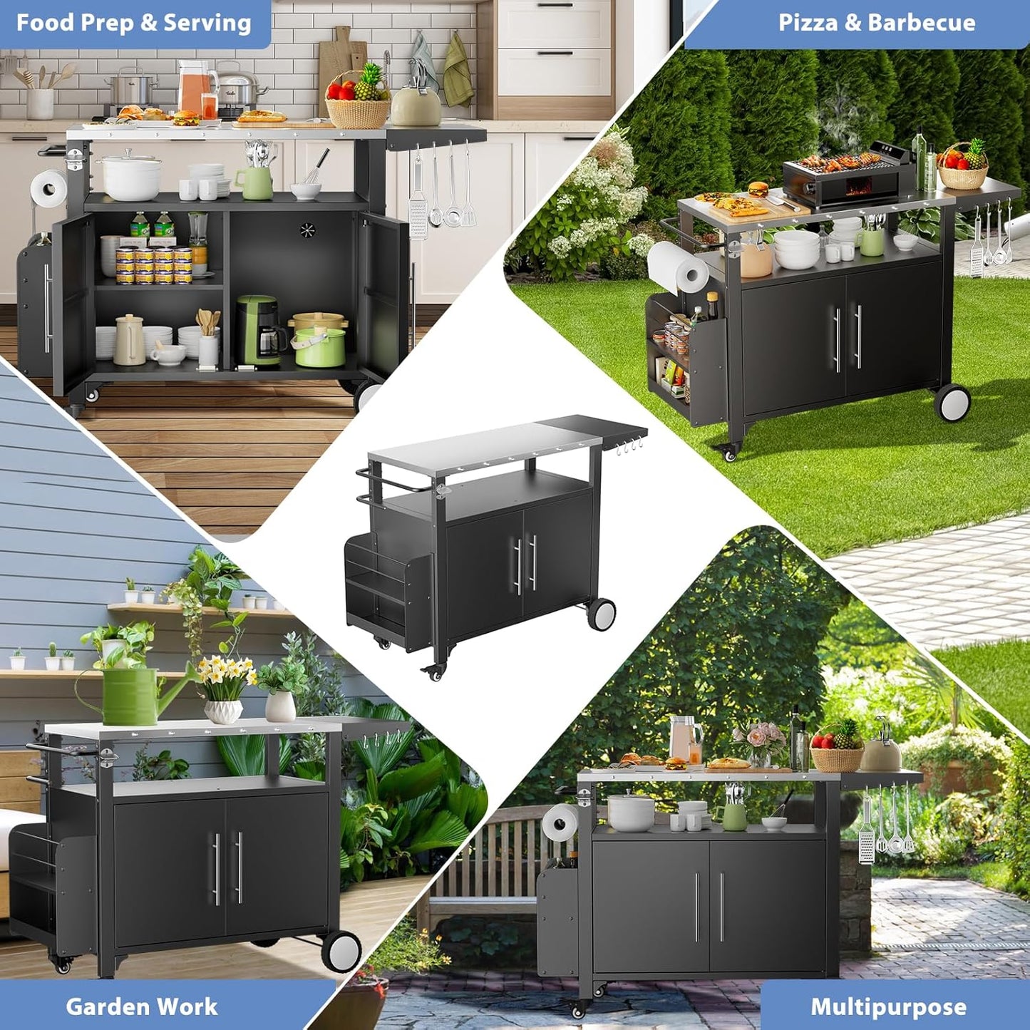 ROOMTEC Outdoor Grill Cart with Storage,Patio Kitchen Island with WheelsHooks and Spice Rack,Waterproof Outdoor Grill Table,Movable BBQ Serving Cart Rolling Bar Cart for Home Party Bar