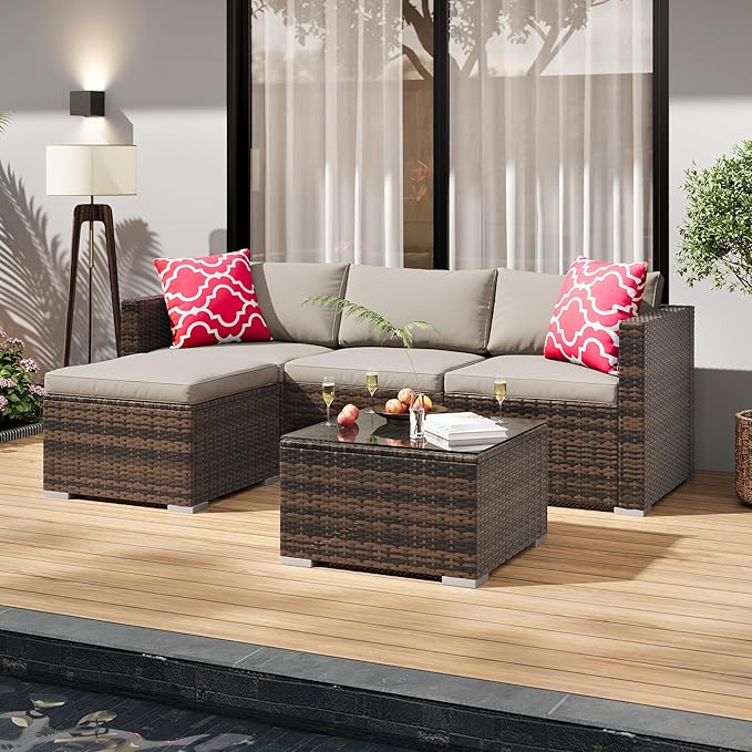 GAOMON 5-Piece All-Weather Patio Furniture Set, Convertible Outdoor Sectional Sofa with Ottoman & Tempered Glass Table, PE Rattan Conversation Set for Garden, Backyard, Porch, Poolside