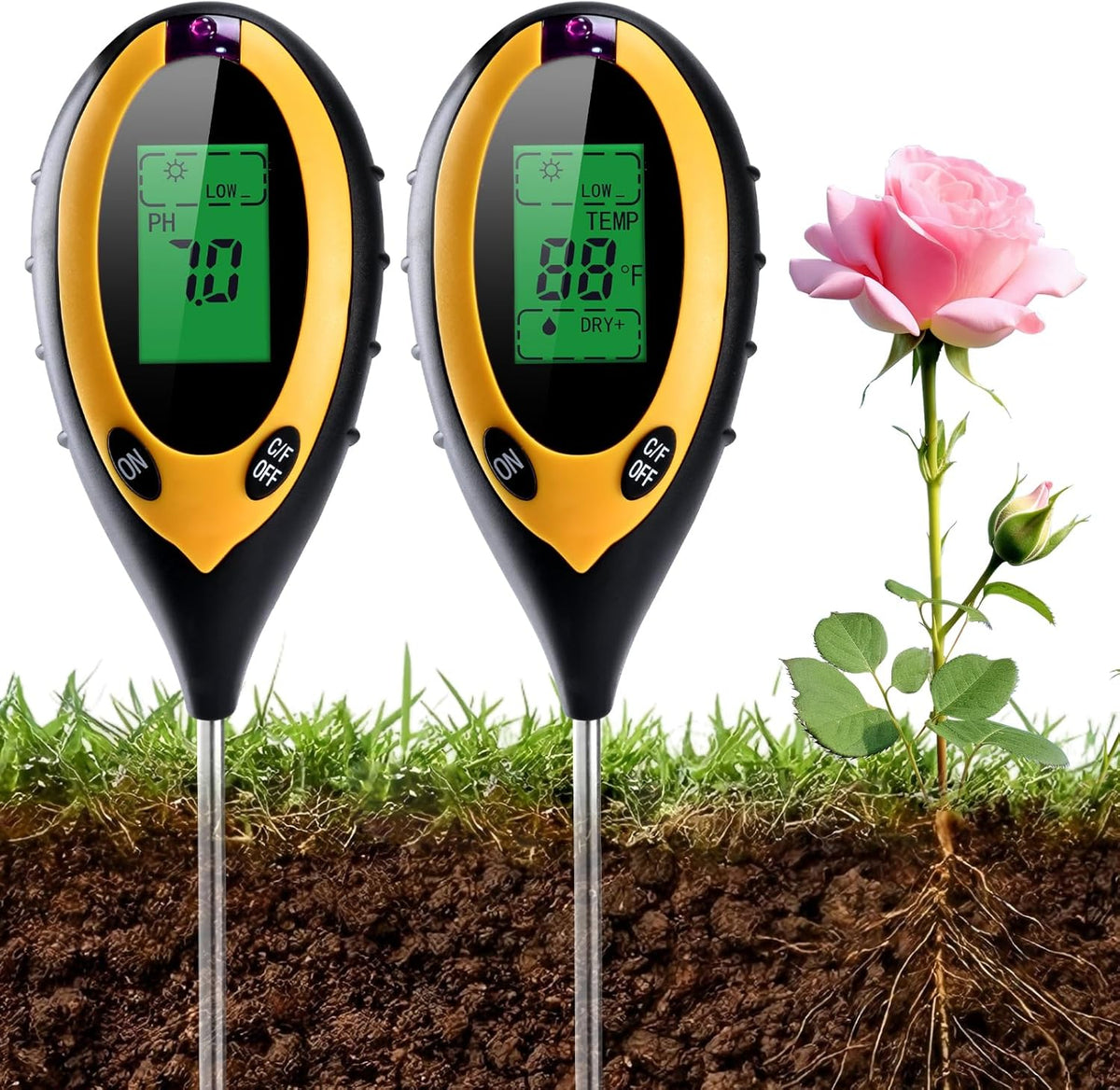 2 Pack 4-in-1 Soil pH Tester Digital, Soil pH/Water/Sunlight/Temp Moisture Meter for Indoor/Outdoor Plants, Backlight LCD Display Soil Thermometer Test Kit for Garden Nutrients