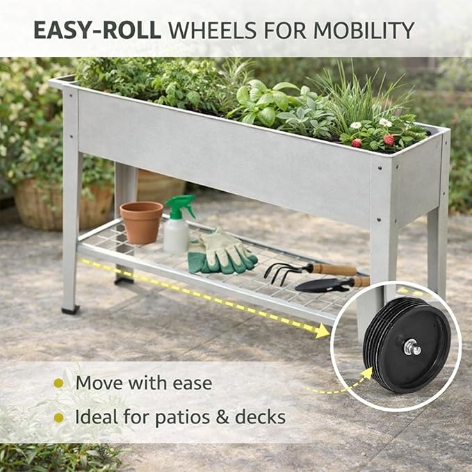 InSideOut Elevated 40" Raised Garden Bed Outdoor with Wheels & Shelf for Mobility, Metal Planter Box for Vegetables/Herbs, Patio-Balcony-Backyard (White)