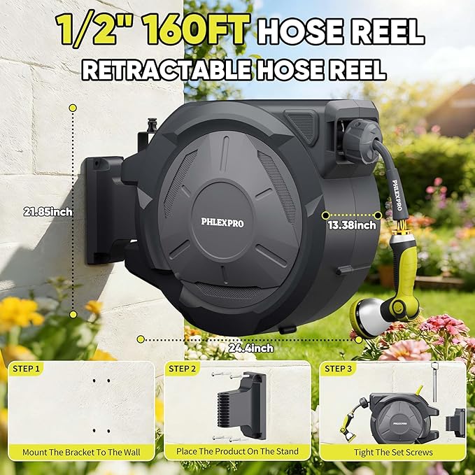 160 FT x 1/2" Retractable Garden Hose Reel - PHLEXPRO Heavy Duty Hose Reel Wall Mount - 3/4in Brass Fitting 10Pattern Nozzle, Any Length Lock, Automatic Slow Retraction 180° Swivel, UV Resistant