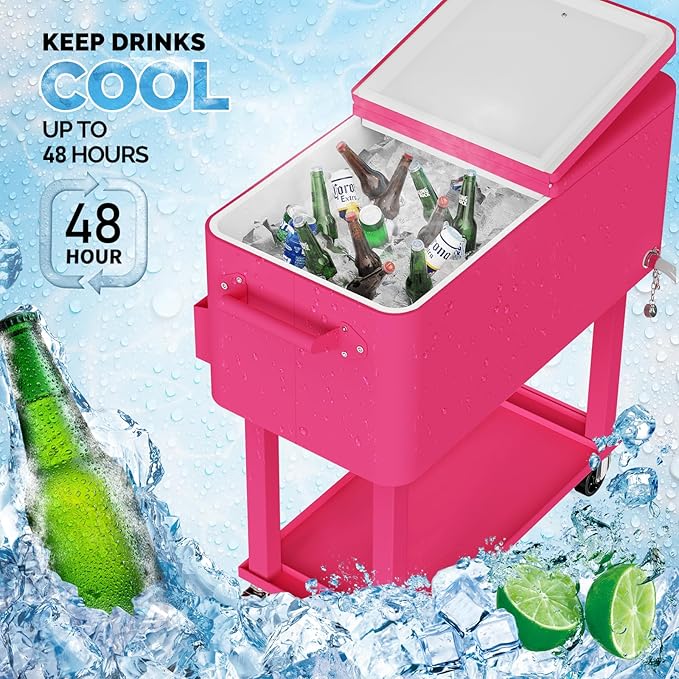 VINGLI 80 Quart Rolling Ice Chest, Portable Patio Party Bar Drink Cooler Cart, with Shelf, Beverage Pool with Bottle Opener