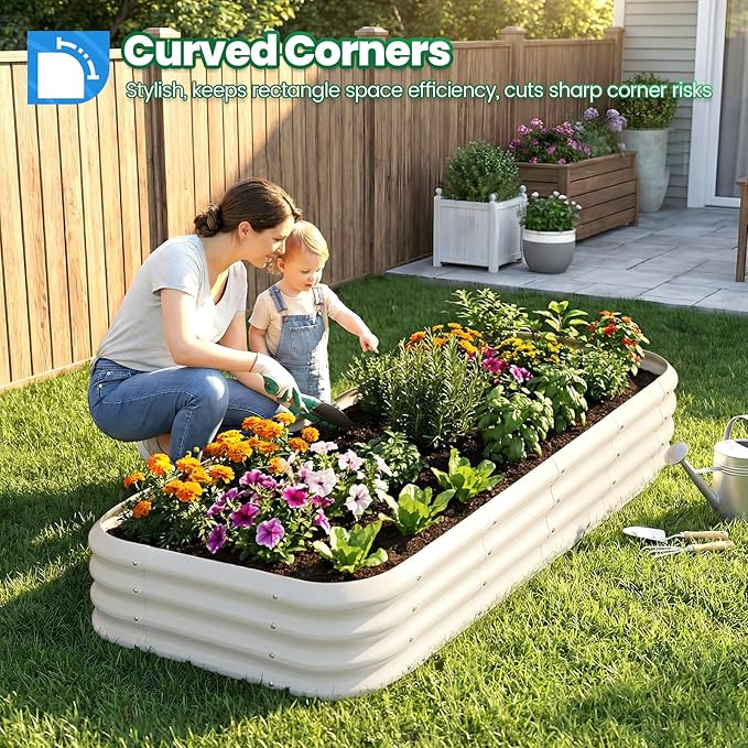 Quictent Galvanized Raised Garden Bed Kit, 6x3x1ft Oval Large Metal Outdoor Planting Box, Ground Planter Strengthened by Crossbar, Beige