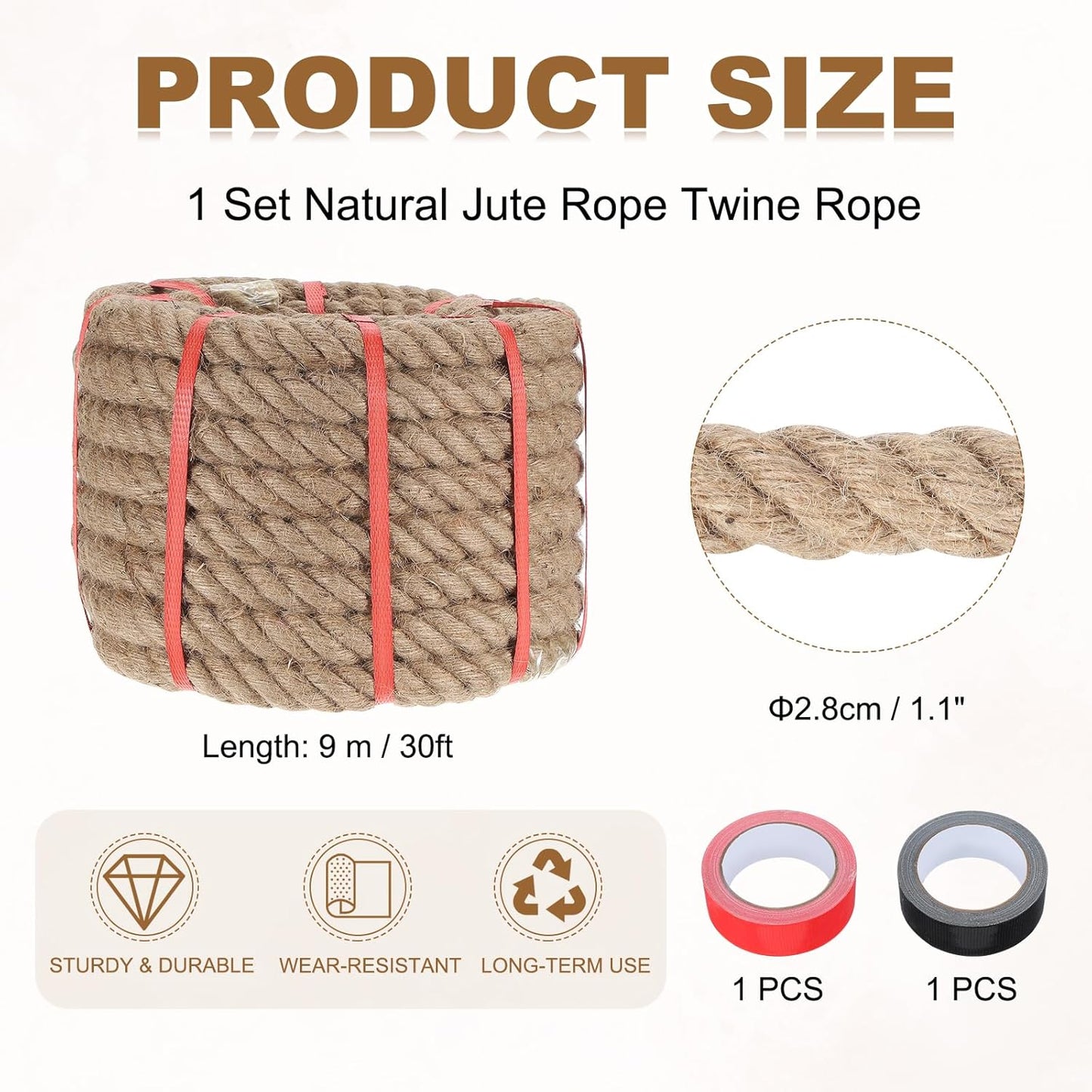 MECCANIXITY Jute Rope 1.1 Inch x 30ft, Thick Twine Rope Ropes Braided Jute Twine Natural Brown Burlap Cord String Heavy Twisted with Tapes for Decorative Crafts Railing Swing Tug of War