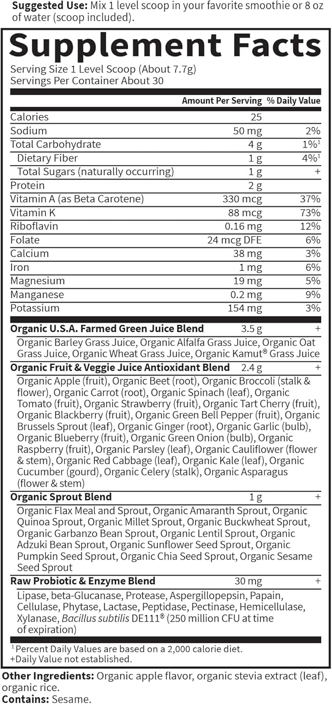 Garden of Life Raw Organic Perfect Food Green Superfood Juiced Greens Powder - Apple Flavor,30 Servings - Vegan Gluten Free Whole Food Dietary Supplement,Greens Plus Probiotics & Enzymes,(Pack of 2)